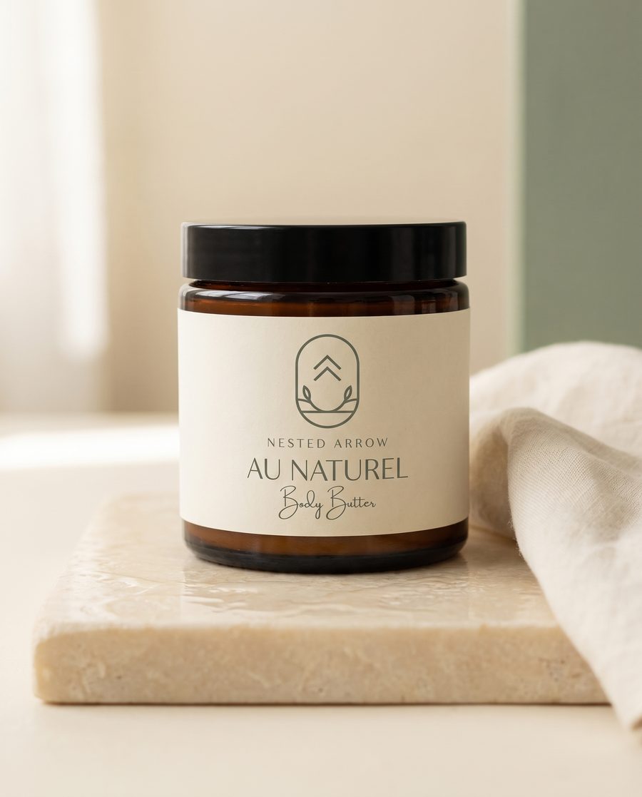 Au Naturel unscented body butter jar with linen