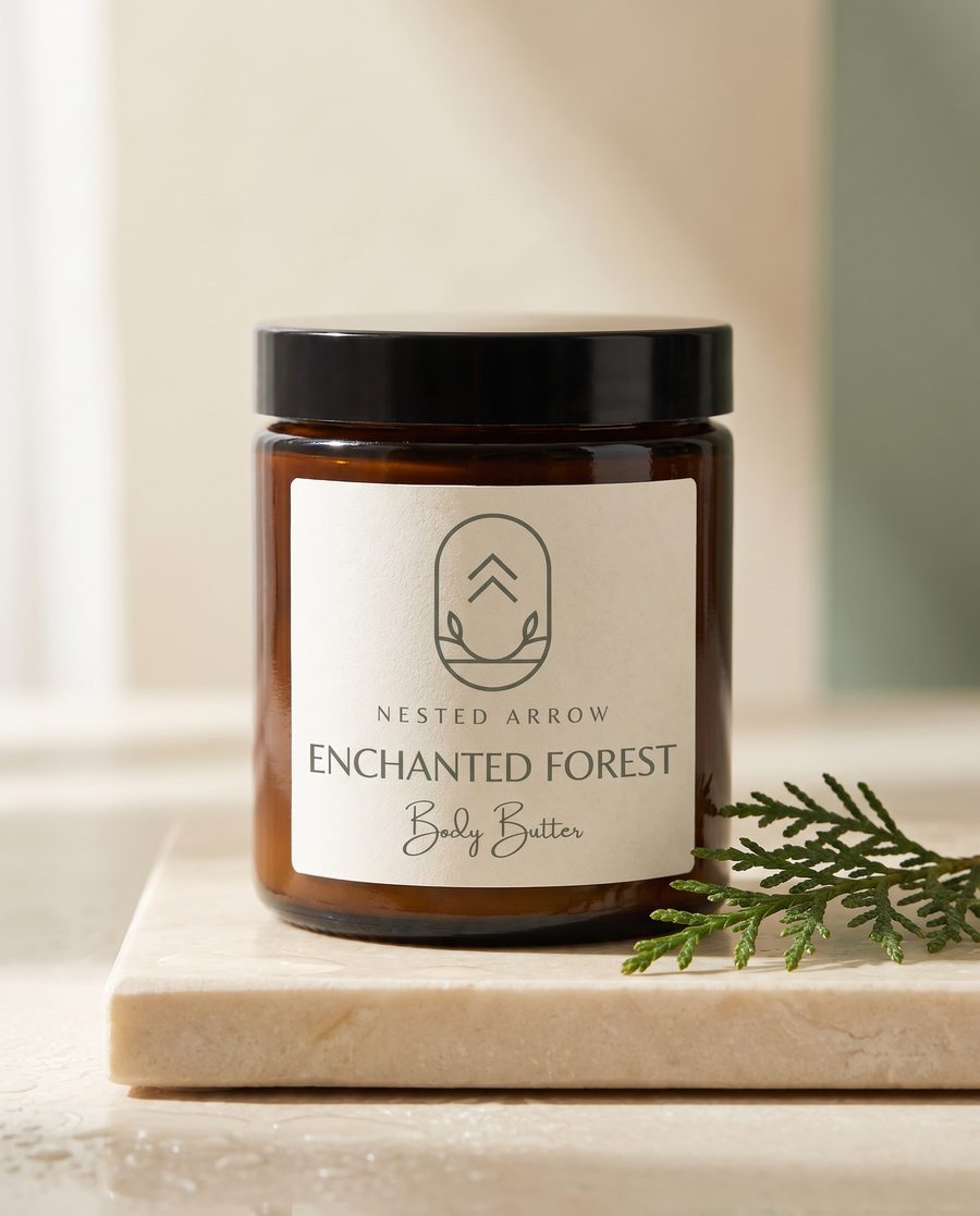 Enchanted Forest body butter jar with a cypress sprig