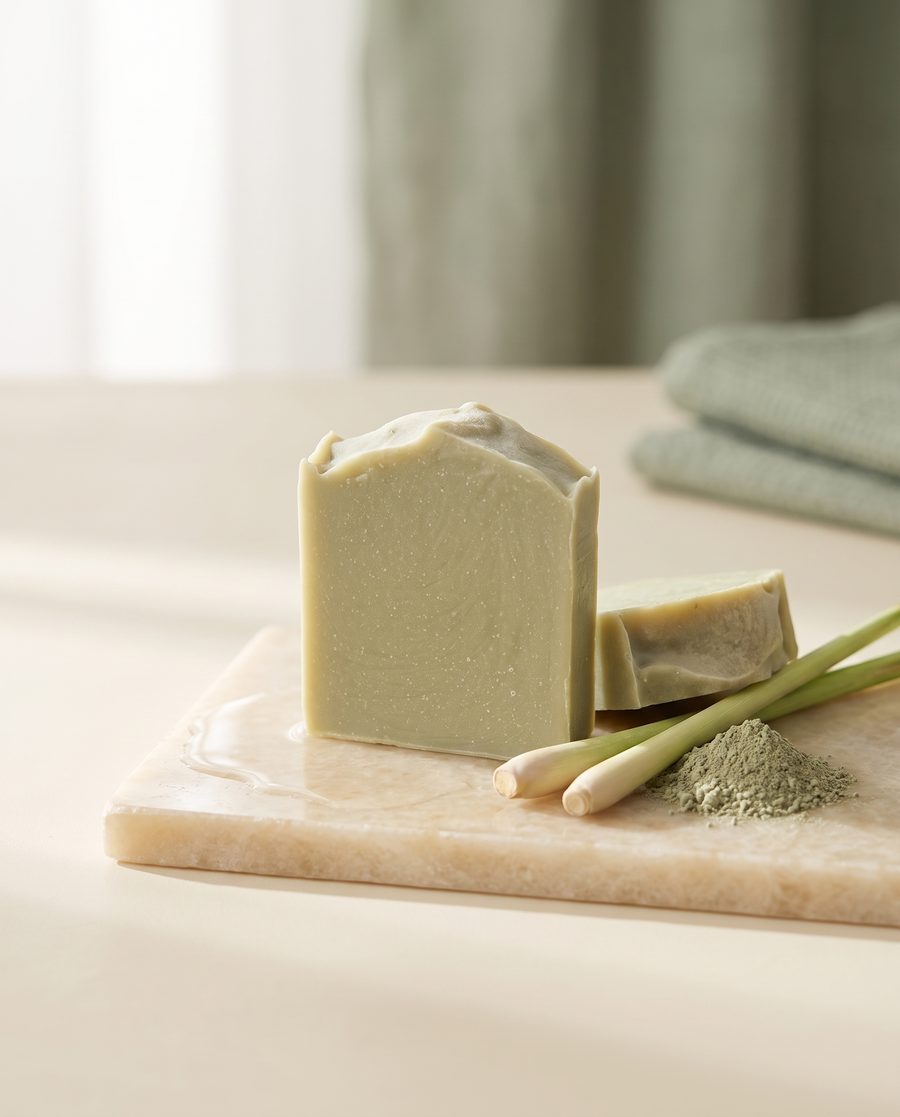 Invigorate soap bar, pale green with lemongrass and French green clay