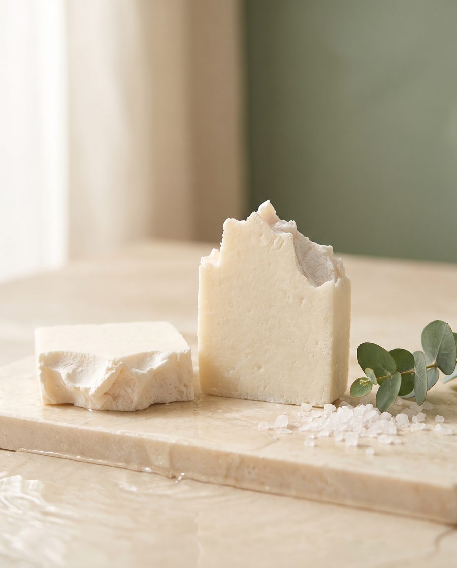 Serenity salt bar, handmade white soap on ivory stone with sea salt and eucalyptus