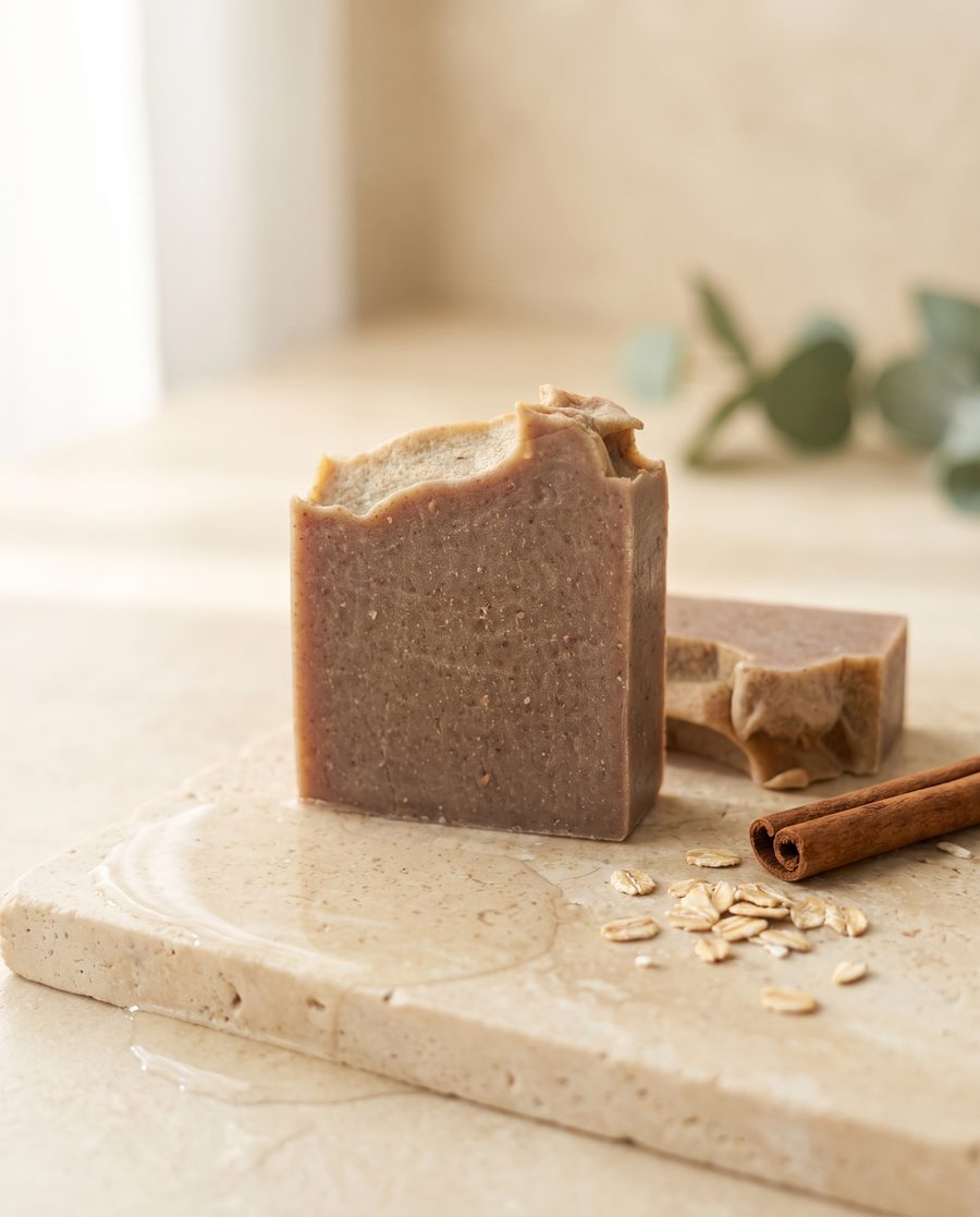 Winter Grains soap bar with rolled oats and a cinnamon stick